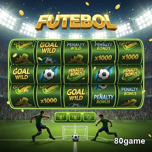 Imagem do jogo de slot 'Futebol' da 80game, com símbolos de futebol e roletas vibrantes.